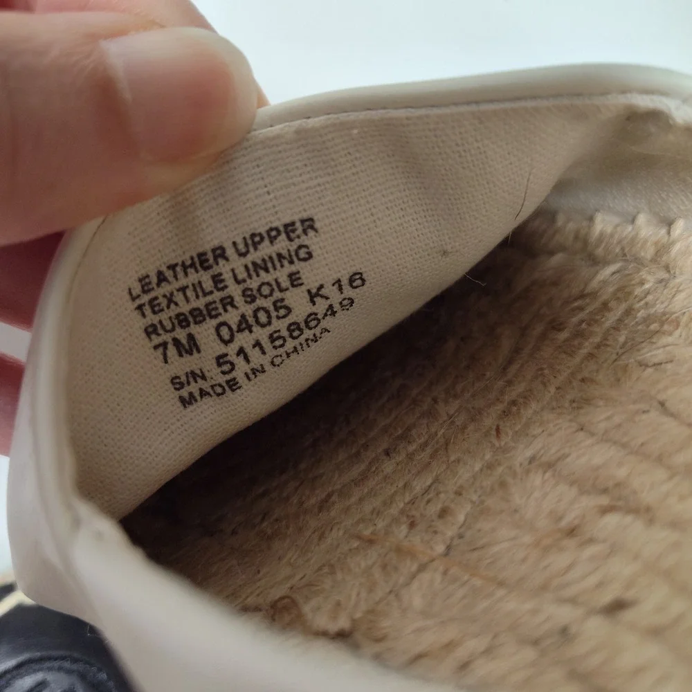 Tory Burch Leather Espadrille Flats Cream Black Logo Cap Toe Slip On Shoes Sz 7